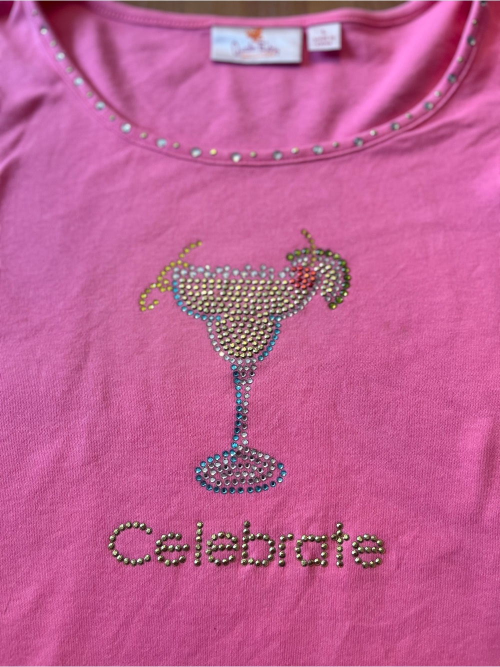 ⁠Quacker Factory Pink Rhinestone Margarita Top "Celebrate" Graphic Tee Women's L